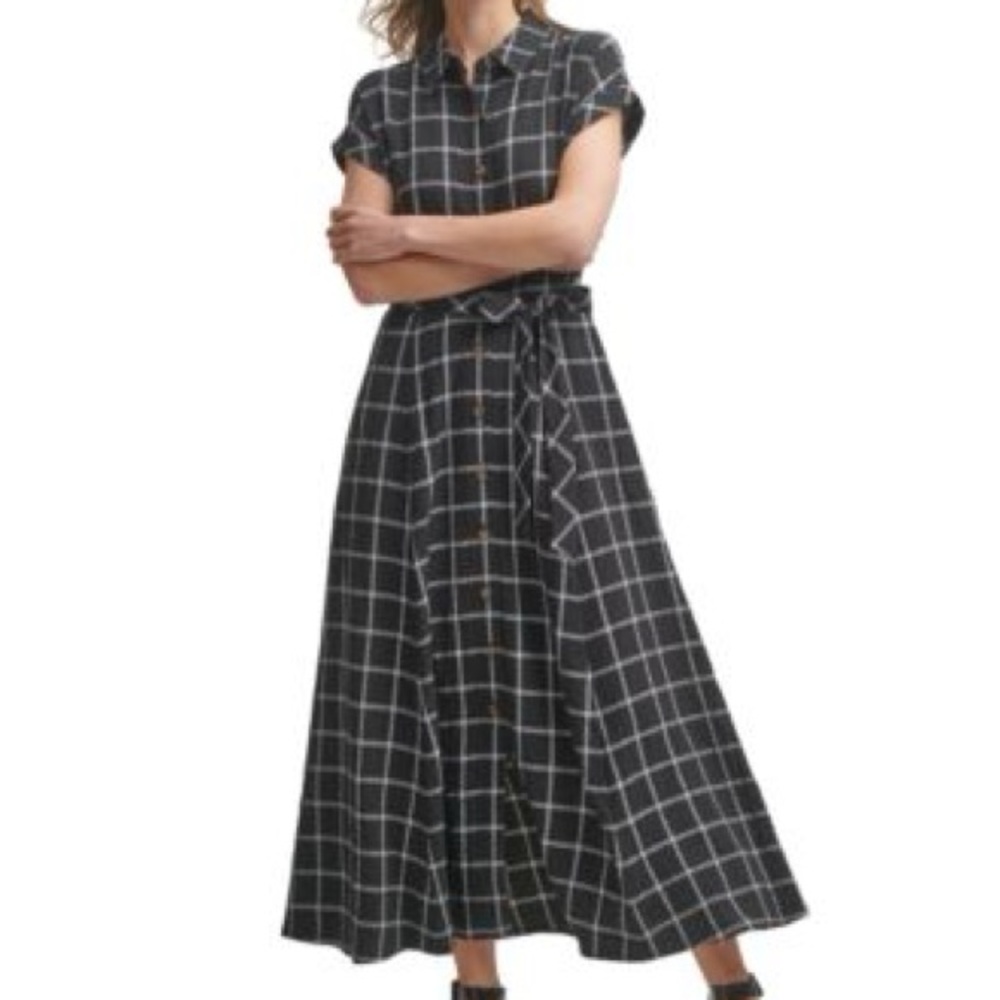 Calvin Klein Black and White Windowpane Maxi Shirt Dress